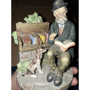 Vintage Lefton China Japan Old Man Bookseller Dog Bench Hand Painted #2432
